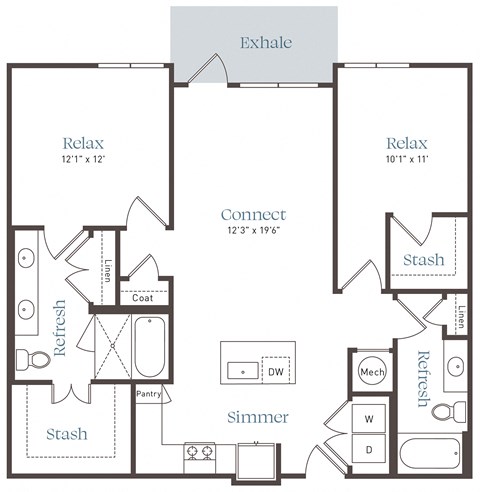 Floor plan for 2 beds, 2 baths, 1134 sqft
